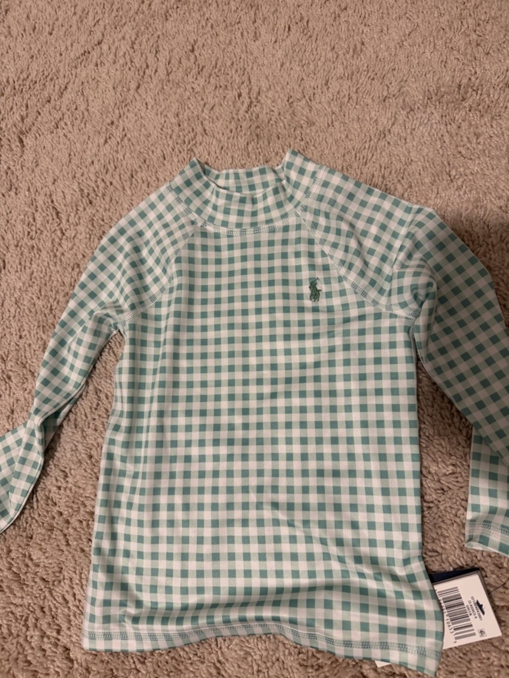 Ralph Lauren Green and White Gingham Long-Sleeve Swim Top